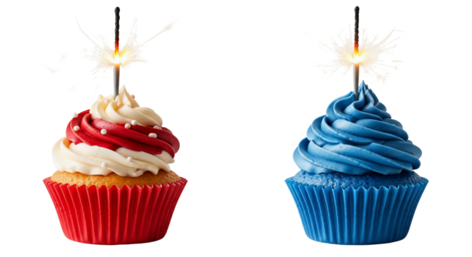 Vibrant red, white, and blue frosted cupcakes, each topped with a dazzling lit sparkler, creating a festive atmosphere. Isolated on white, these sweet baked goods are ideal for Fourth of July