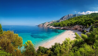 a serene beach scene with golden sandy shores and crystal clear turquoise waters in dhermi s picturesque bay surrounded by lush greenery and towering cliffs beautiful sandy beach beach landscape