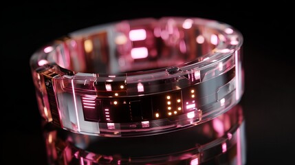 Close up of a futuristic bracelet with pink and orange lights on a reflective black surface