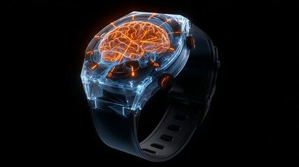 A futuristic wristwatch with a transparent case showcasing an orange glowing brain hologram inside it