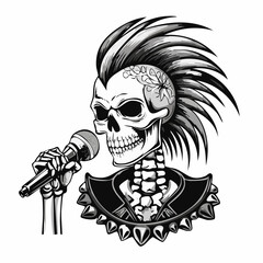 Fototapeta premium Skull punk singing and holding microphone Vector Image isolated on white background.