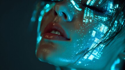 Close up of a woman's face with blue light projections creating a futuristic digital effect on skin