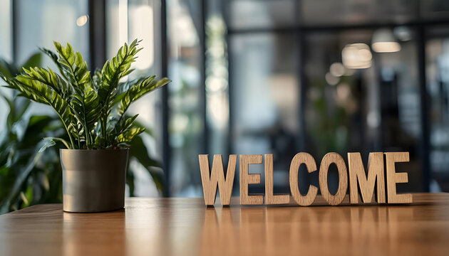 Welcome sign on a desk symbolizes a friendly onboarding process in a modern office