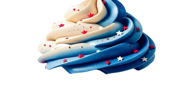 Vibrant red, white, and blue whipped frosting swirl, adorned with festive star sprinkles, isolated on a clean white background. This delicious dessert concept is ideal for patriotic holiday