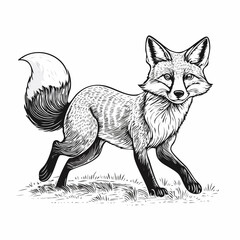 Running Fox Animal Engraving Vector Illustration isolated on white background.
