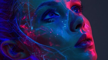 Close up view of a woman's face with blue and pink lighting and abstract neon lines around her face