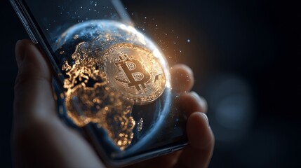 Hand holding a phone displaying a bitcoin coin and earth globe on the screen with dark background