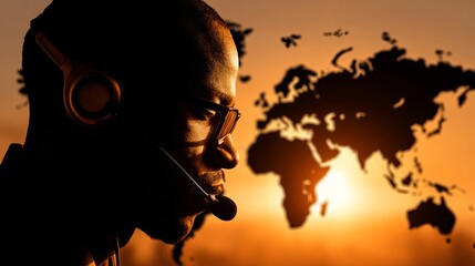 Man with headset and glasses in silhouette against a world map and orange gradient background