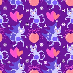 Christmas cartoon animals seamless cats and toys pattern for wrapping paper