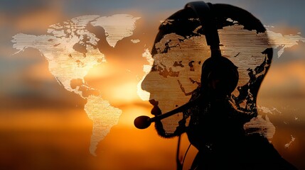 Silhouette of person with headset overlaid with world map against a sunset background image effect