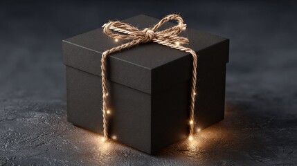 Close up of a dark gift box tied with jute string and small lights on a textured surface