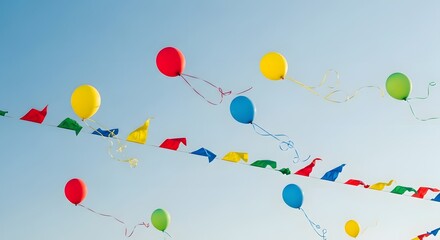 Colorful balloons and bunting flags floating against a clear blue sky in a festive celebration scene