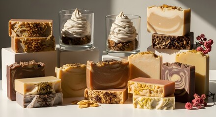 A display of artisan soaps with various colors and textures along with two glasses filled with cream