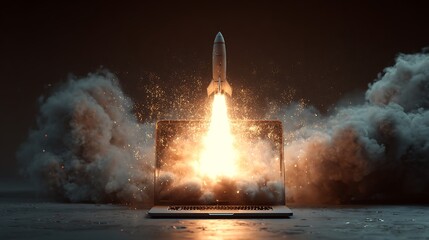 Laptop rocket launch showcasing technological advancement and innovation