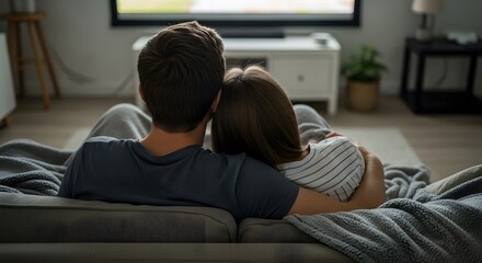 A man and a child cuddling on a couch while watching television in a living room setting indoors