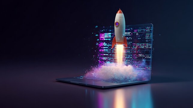 Conceptual laptop screen displaying a rocket launch, symbolizing innovative tech startup