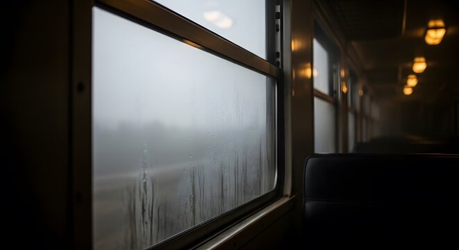 A view from inside a train looking out the window on a rainy day with blurred scenery and lights inside