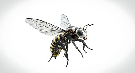 A detailed close-up of a bee, with its wings spread in mid-flight. 