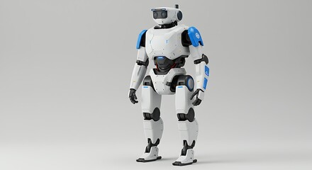 Fototapeta premium A futuristic robot standing against a light grey background. 