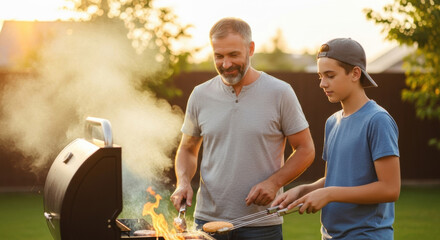 Father and son grilling outdoors backyard bbq family time summer cookout grilling burgers and hotdogs