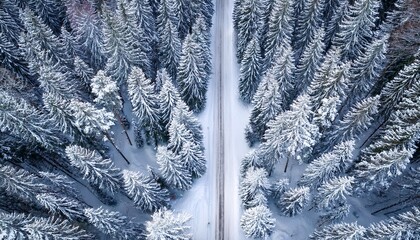 winter road through snowy pine forest from above