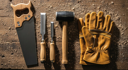 Woodworking tools saw hammer chisel and gloves on wooden background for carpentry and diy projects