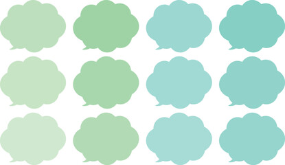 モコモコした、雲の形の緑の吹き出しセット。緑系で１２色のセット。緑色のバリエーションがある。