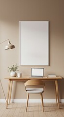 Frame mockup, Modern Home Office Workspace Mockup: A minimalist home office setup features a clean wooden desk with a laptop, a framed poster mockup, a chair, and a stylish lamp.