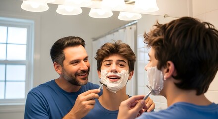 father teaching son to shave in bathroom