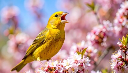 Canary sings joyfully among vibrant blossoms in springtime beauty