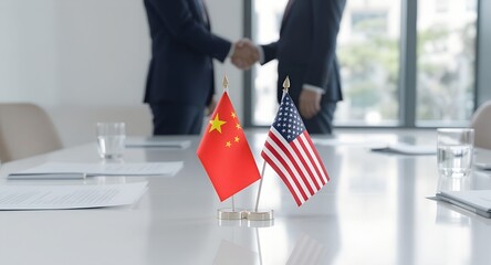 Mini flags of China and USA on table with two businessmen shaking hands in background. Concept of international relations, diplomacy, trade, and cooperation. Business meeting setting.