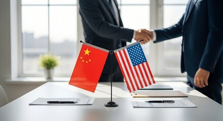 Mini flags of China and USA on table with two businessmen shaking hands in background. Concept of international relations, diplomacy, trade, and cooperation. Business meeting setting.