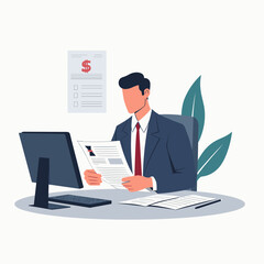 Man in a suit analyzing financial documents at a modern office desk  