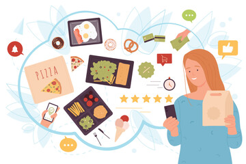 Food set delivery vector illustration. Cartoon girl ordering online, holding cardboard pack with takeaway meal or lunchbox and mobile phone, using high quality safe service with five stars review