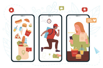 Food delivery express service on screens of mobile phones vector illustration. Cartoon girl using online app for order fastfood in restaurant and shopping in grocery store, boy courier delivering box