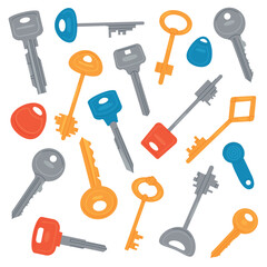 Modern and antique keys to door lock set vector illustration. Cartoon collection with metal keys of different shape and colors to open padlock in treasure chest, house or gate isolated on white