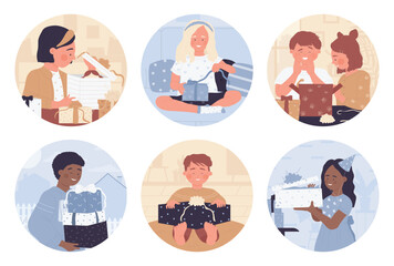 Kids open gifts in round avatar set vector illustration. Cartoon happy boy and girl receive many surprise boxes with ribbons and toys, excited child opening Christmas present isolated on white