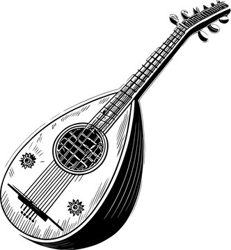 Hand drawn vintage lute musical instrument illustration