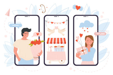 Love gifts on screens of mobile phones vector illustration. Cartoon happy girlfriend holding present with hearts, boyfriend with flowers bouquet, amour arrow and bow, doves. Valentines day concept