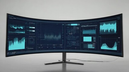 Ultrawide Curved Computer Monitor Displaying Blue HUD Interface with Data Graphs and Charts - Powered by Adobe