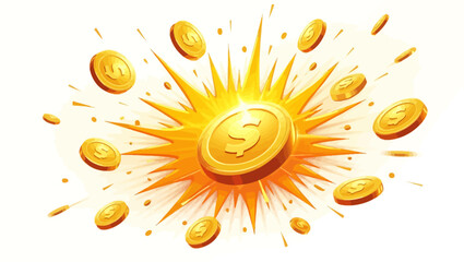 Golden dollar coins exploding in shiny burst on white background, symbolizing success, jackpot, money rain and financial prosperity.
