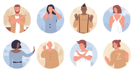 People with stop gesture in round avatar set vector illustration. Cartoon adult man and woman showing different denial poses with negative emotions, cross arms. Boycott, objection, reject concept