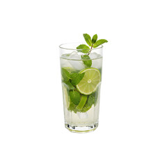 Refreshing mojito cocktail in a tall glass with lime and mint leaves on white background