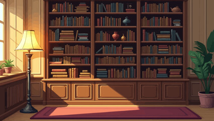 Elegant wooden bookshelf with warm ambient lighting and organized books, perfect for library, study room, or cozy interior themes.