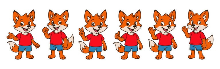 Set of cartoon fox mascot characters in red t-shirts and blue shorts showing various hand gestures. Cute and expressive foxes isolated on white background, perfect for branding or educational use