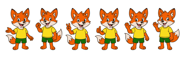 Cartoon fox mascot in yellow shirt and green shorts showing six expressive poses. Happy anthropomorphic fox character on white background. Fun children’s illustration for branding and education