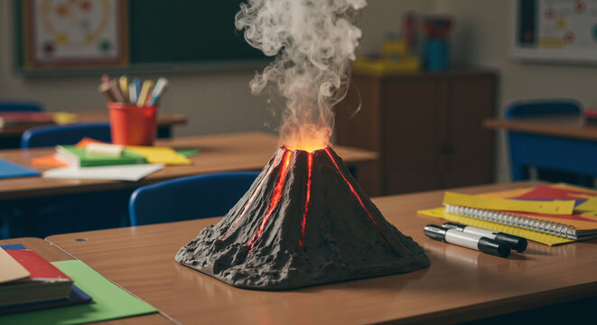 Smoking volcano school model on classroom desk for educational design