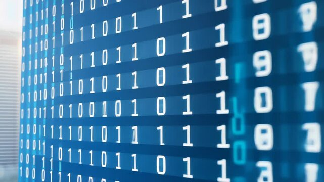 Binary Code Stream: Abstract digital display showcasing a vertical stream of binary code, zero and one, against a blue tech backdrop, hinting at technology and data processing.