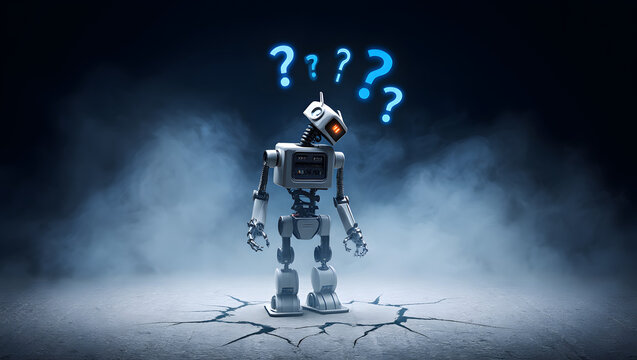Curious robot ponder a question mark in a 3D illustration symbolizing technology and new ideas