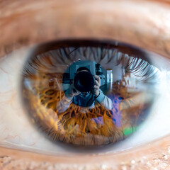 Close Up of Female Brown Colored Iris with Photographer and Camera Reflections. Shot in Dayllight.